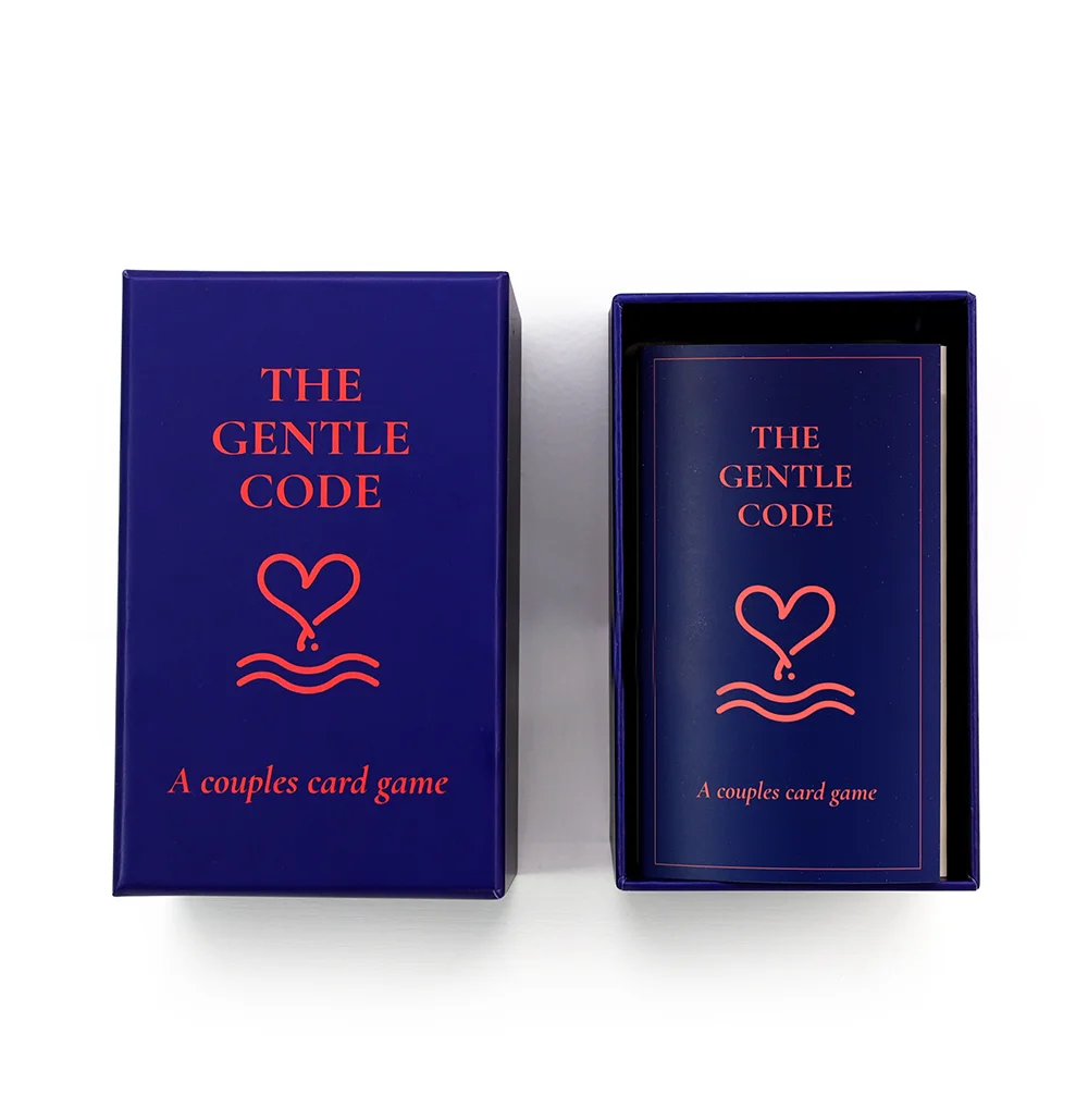 The Gentle Code game box opened showing conversation cards and instruction booklet inside