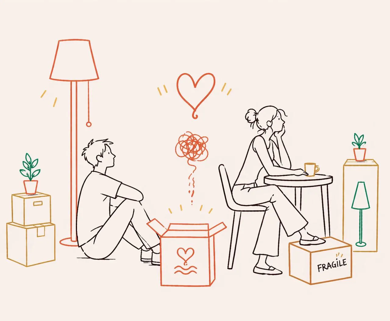 A couple sitting among moving boxes, an orange heart drifting up between them