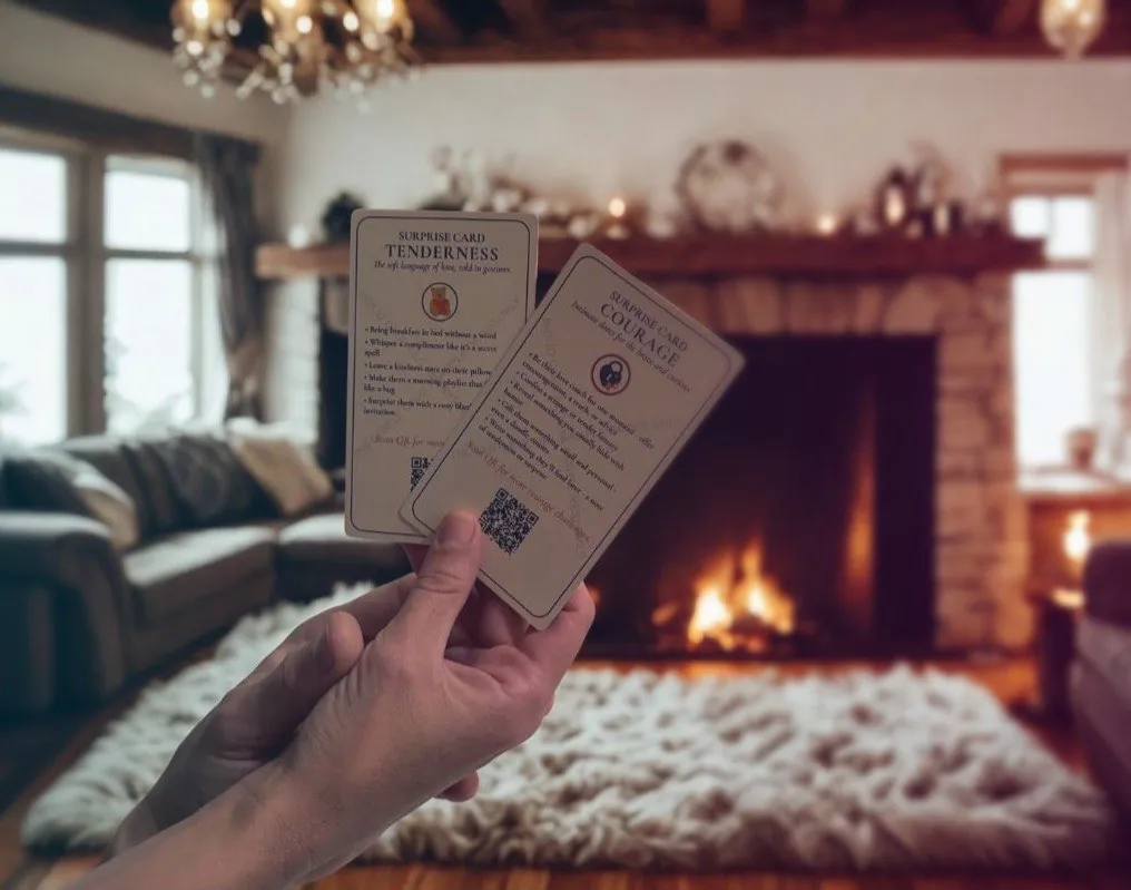 hands holding cards by fireplace